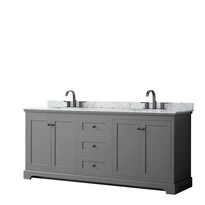 Avery 80-inch Double Vanity, Marble Top, Oval Sinks, No Mirror - Dark Gray, Black Trim, White Carrara Marble Top