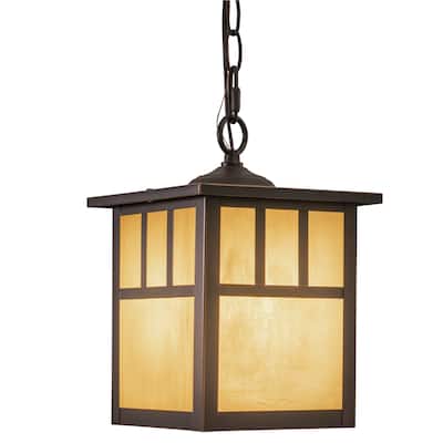 Mission 1 Light Bronze Outdoor Lantern Pendant Honey Glass - 7.25-in W x 10.75-in H x 7.25-in D