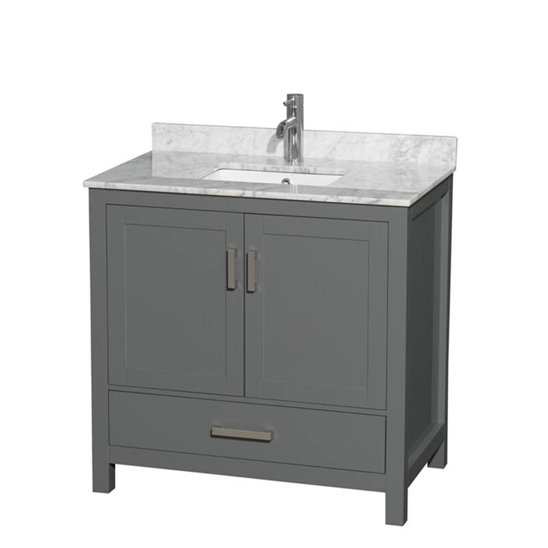 Wyndham Collection Sheffield 36" Freestanding Vanity Set with Hardwood - Dark Gray / White Carrara Marble Top / Brushed - Steel Finish