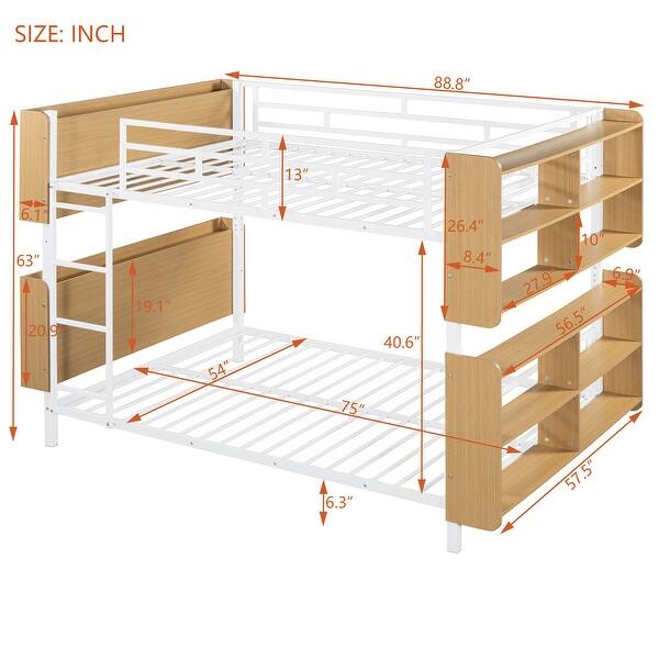 Full Over Full Size Metal Convertible Bunk Bed Frame w/ Unique Storage Headboard & Shelves, White Detachable Iron Bed for Teens