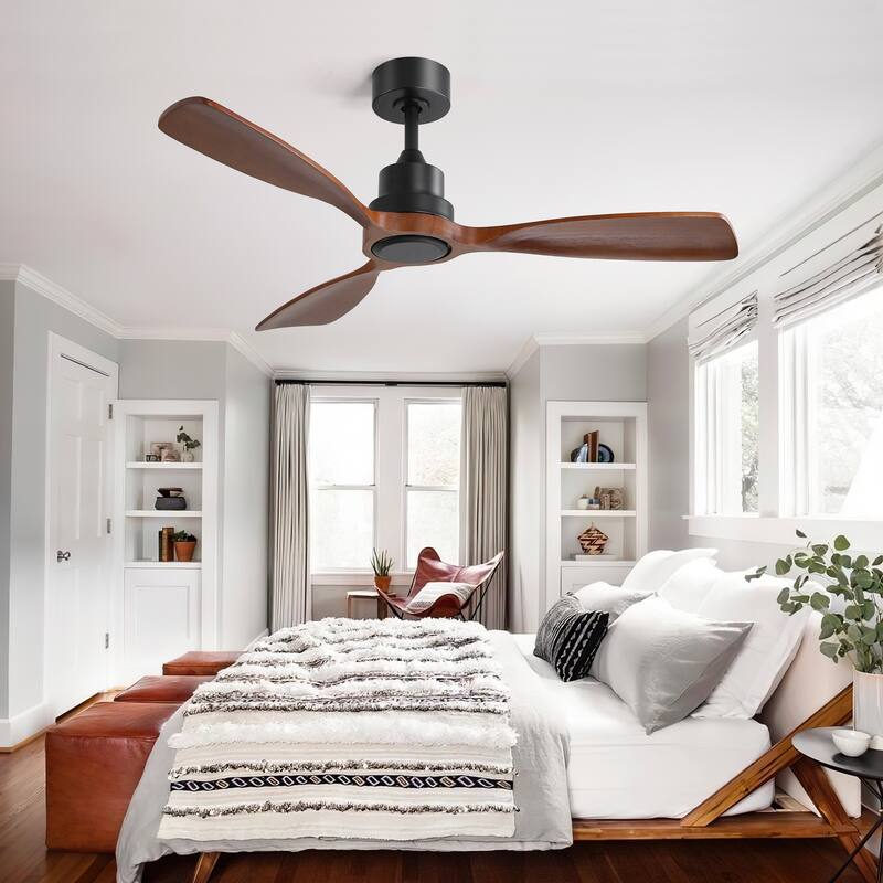 48 Inch Solid Wood Ceiling Fan without Light, Indoor/Outdoor 6 Speed Remote Ceiling Fan with 3 Reversible Blades