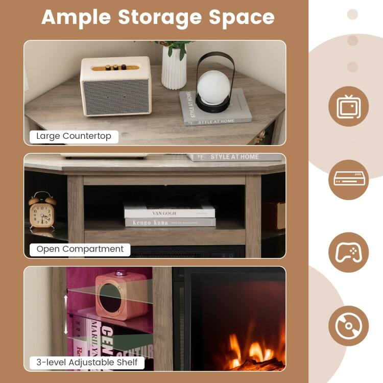 Electric Fireplace Corner TV Stand with LED Lights and Adjustable Glass Shelves - 45" x 22" x 30"