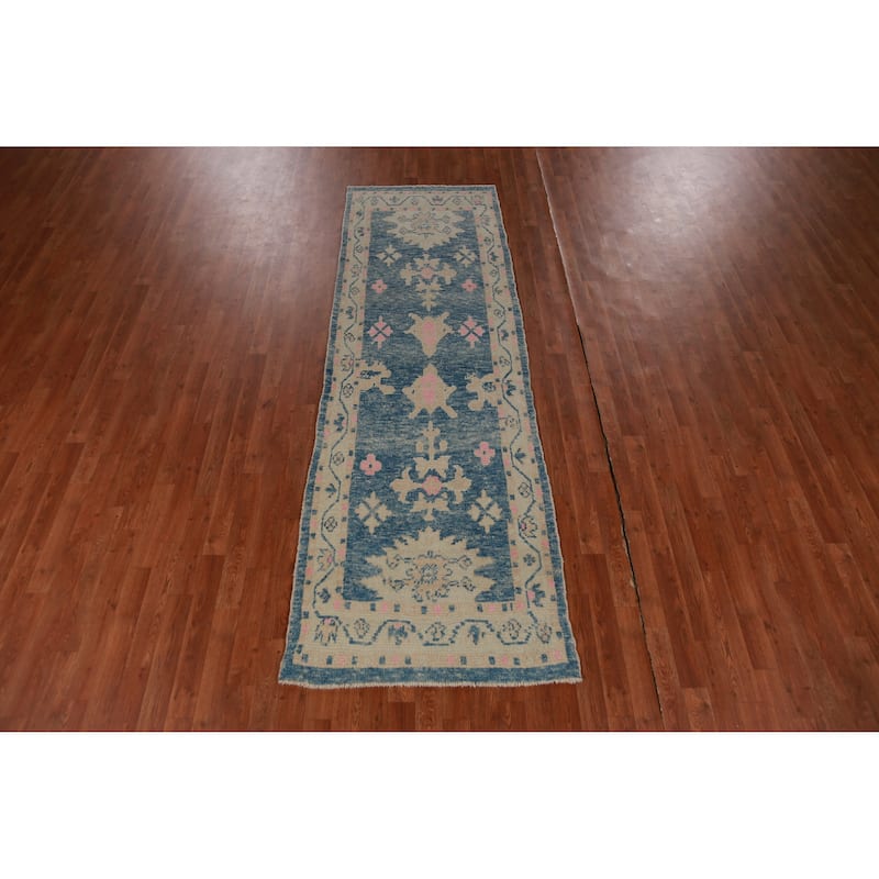 Hand Knotted Oriental 100% Wool Carpet Transitional Geometric Navy Blue & Blues Oushak Runner Rug - 9' 4'' X 3' 0''