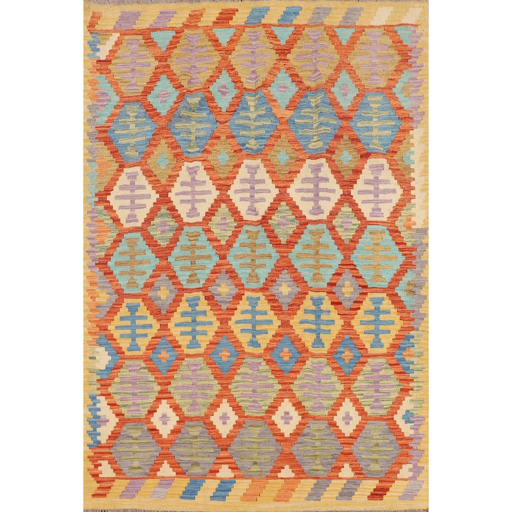 Colorful Geometric Kilim Reversible Area Rug Hand-Woven Wool Carpet - 5'0"x 6'5"