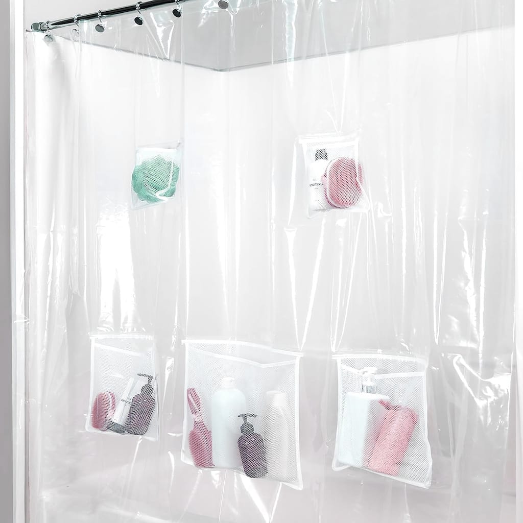 72"x72" - PEVA Clear Heavyweight Thick Shower Curtain Liner With Mesh Storage Technology Pockets