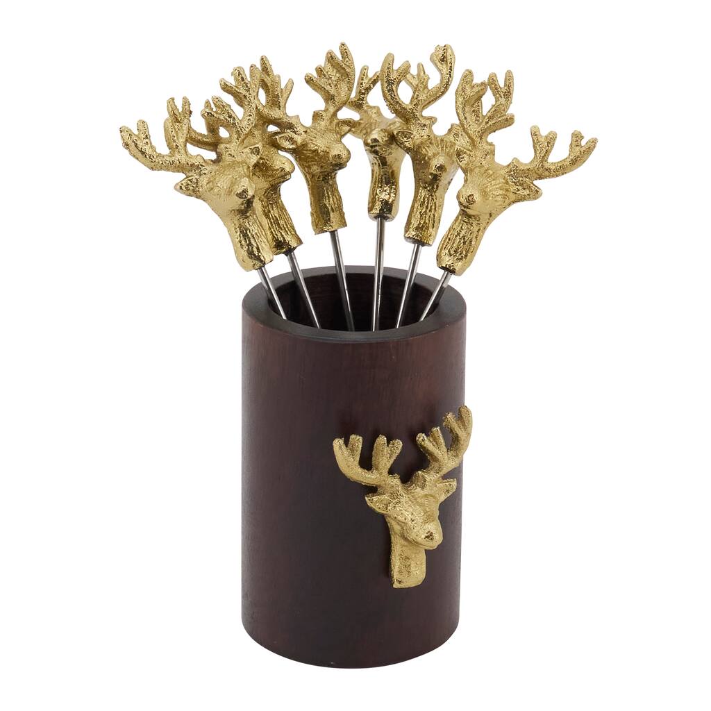 Gold Deer Cocktail Picks with Mango Wood Holder - Decorative Stag Picks for Cocktails, Appetizers & Entertaining