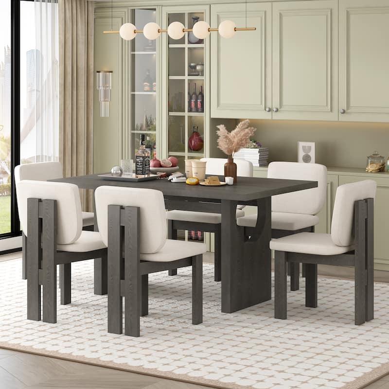 7-Piece Wood Kitchen Dining Table Set, Unique Chair Legs, 1 Rectangular Table with Designed Trestle Base & 6 Upholstered Chairs - Grey