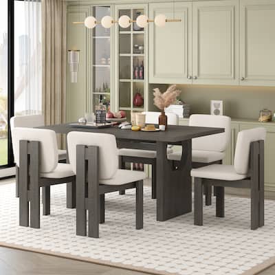 7-Piece Wood Kitchen Dining Table Set, Unique Chair Legs, 1 Rectangular Table with Designed Trestle Base & 6 Upholstered Chairs