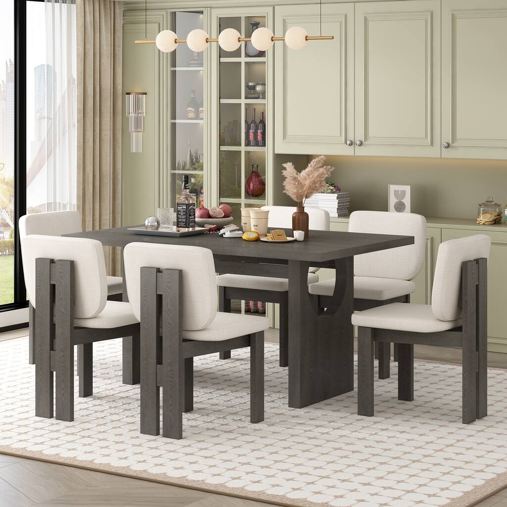 7-Piece Wood Kitchen Dining Table Set, Unique Chair Legs, 1 Rectangular Table with Designed Trestle Base & 6 Upholstered Chairs
