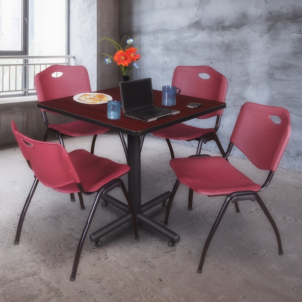 42" Square Breakroom Table- Mahogany & 4 'M' Stack Chairs- Burgundy - 42