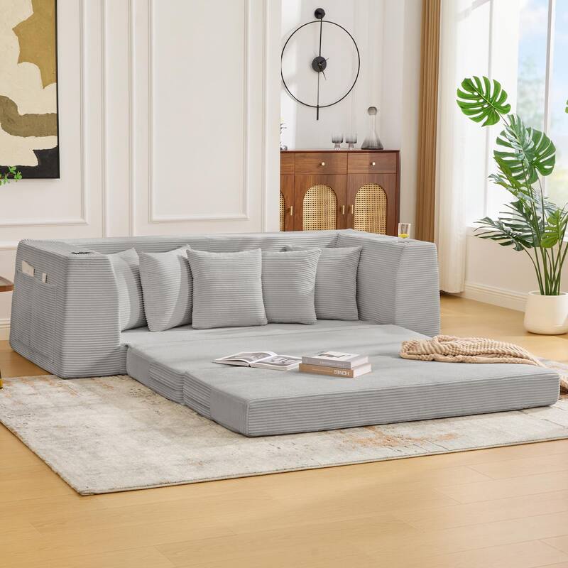 2 in 1 Convertible Sofa Bed, Sleeper Sofa with Storage Pockets, Pull Out Loveseat Couch with Two Cup Holders