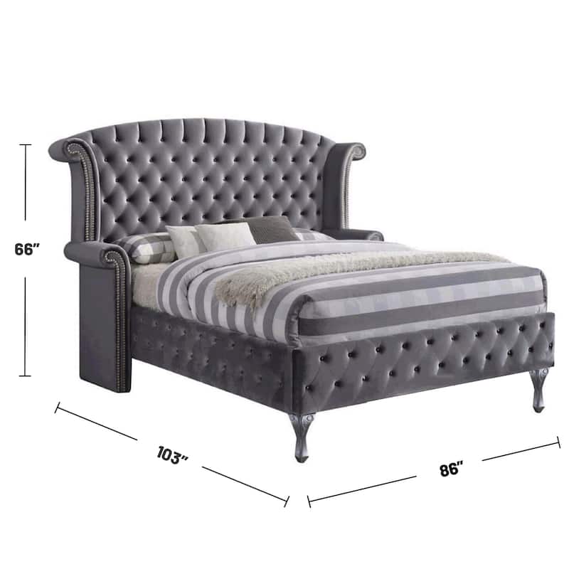 Velvet Upholstered Bed in Gray Finish