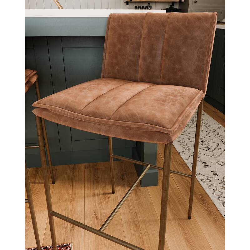 Maven Lane Gerard Bar Metal & Vegan Leather Kitchen Dining Stool - Antique Brass - Bar Height