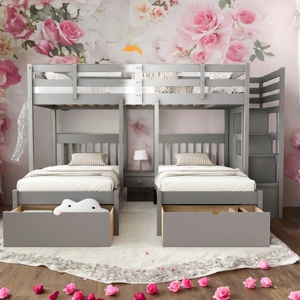 slide 2 of 20, Simple Full Over Twin&Twin Triple Bunk Bed with Drawers and Guardrails