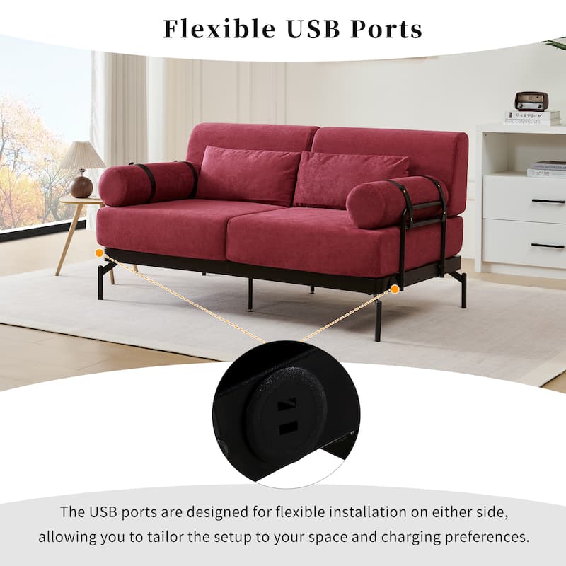 Anmytek Modern 59 Inch Loveseat Sofa with USB Ports and Unique Cylindrical Armrests Red