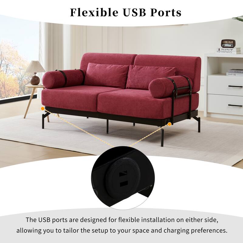 Chenille Loveseat Sofa, 59" 2 Seater Sofa with USB Ports, Round Arms, Adjustable Faux Leather Straps for Living Room