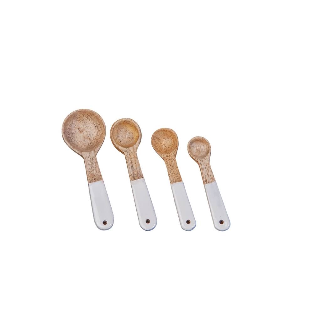 Set of 4 Mango Wood & Enamel Measuring Spoons- A - Wood & White