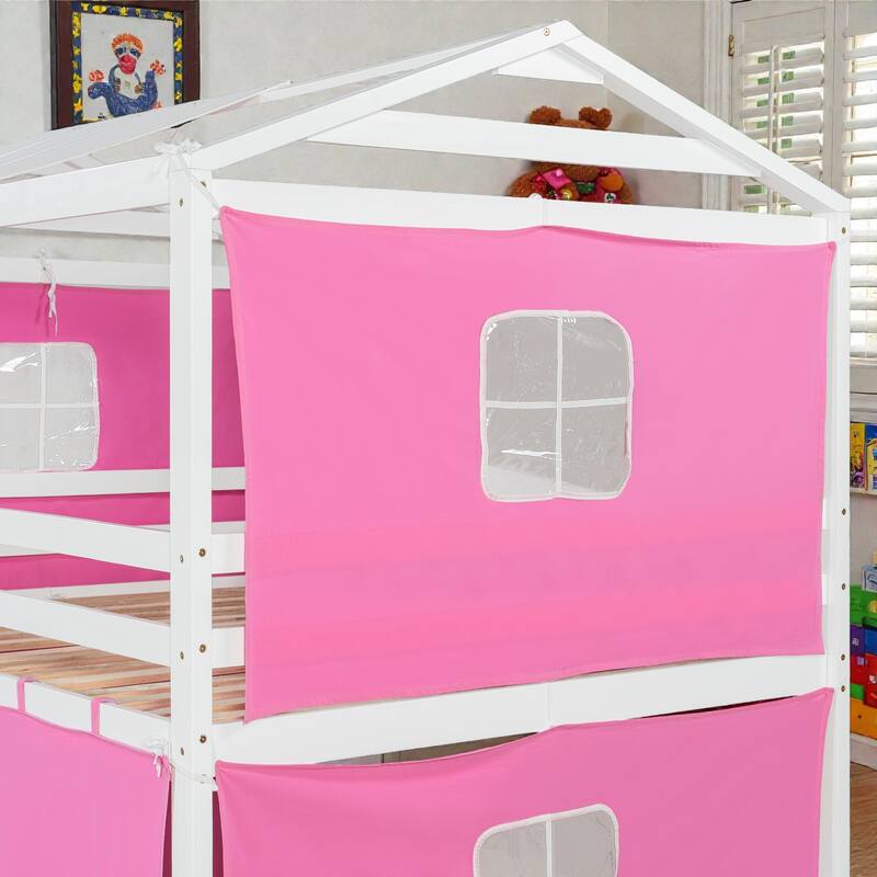 Twin/Full Wood House Bunk Bed with Tent, Playhouse Design, Windows & Roof, Solid Wood Frame, No Box Spring Required