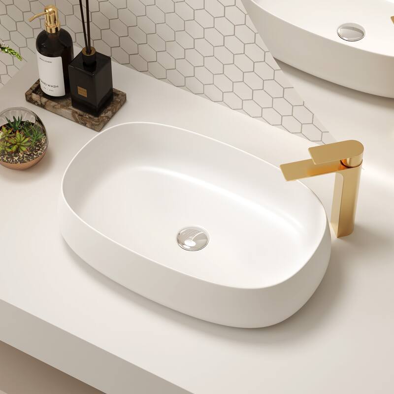 Solid Surface Vessel Bathroom Sink with Pop-Up Drain and Drain Hose, Modern Above Counter Wash Basin with Center Drain