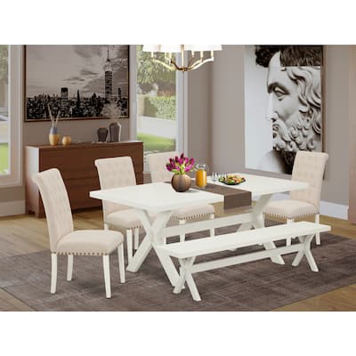 Southwestern Dining Set - 6 Piece Table & Chair Set - Linen Fabric Parsons Chairs & Bench