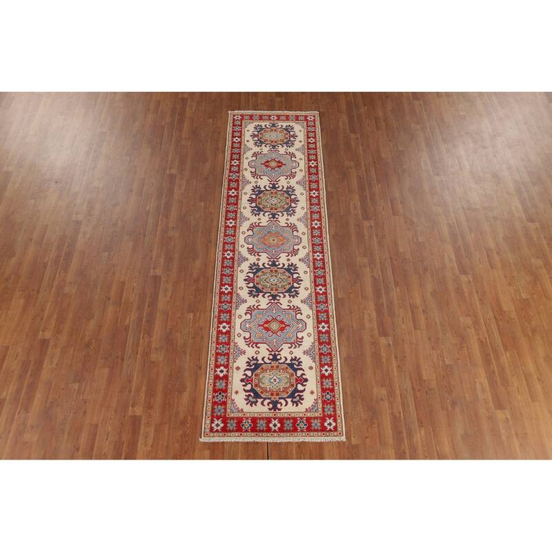 Geometric Kazak Oriental Runner Rug Handmade Foyer Wool Carpet - 2'8" x 9'7"