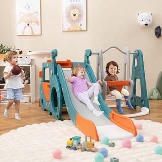 5-in-1 Kids Slide and Swing Set with Mini Bus and Basketball Hoop - 81 x 59 x 37 inch (L x W x H)