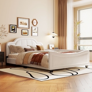 Full Bed Frame Low-Profile Bed with Copper Nail - Beige