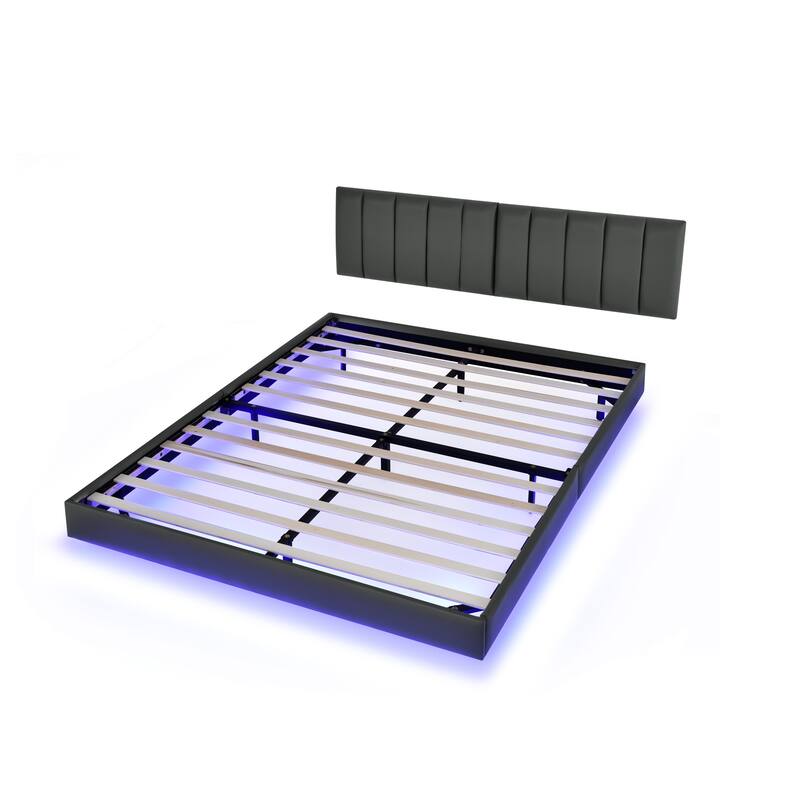 Queen Floating Bed Frame with LED Lights and Wall Mounted Headboard Low Profile Led Platform Bed Frame,No Box Spring Needed
