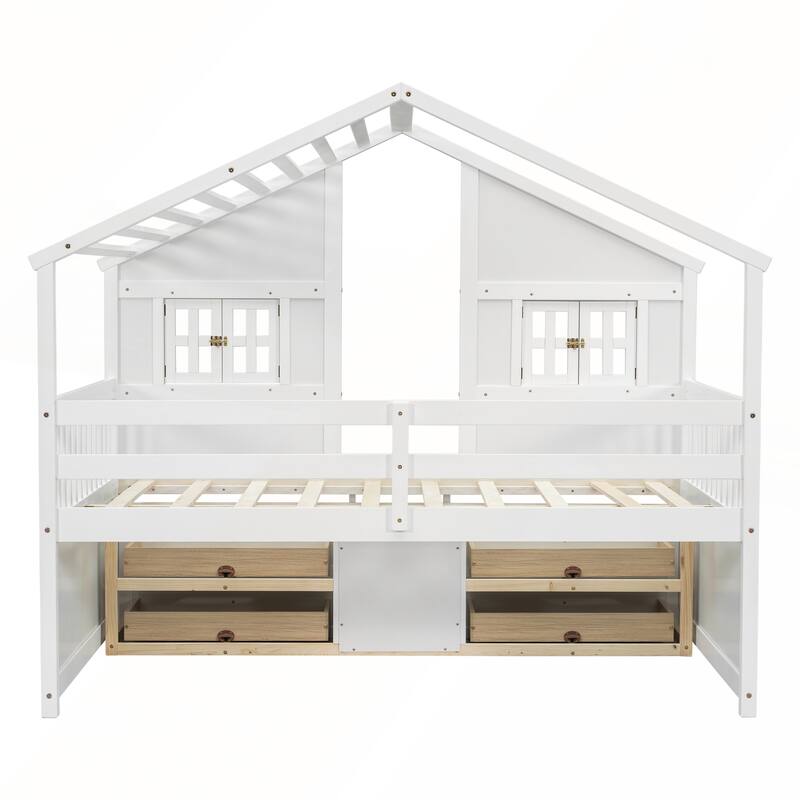 Full Size House Loft Bed with 4 Storage Drawers and Safety Guardrails