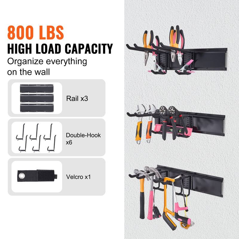 Black Carbon Steel Garage Tool Storage Rack, Wall Mount with Adjustable Hooks - 48.11” L x 4.92” W x 10.71” H