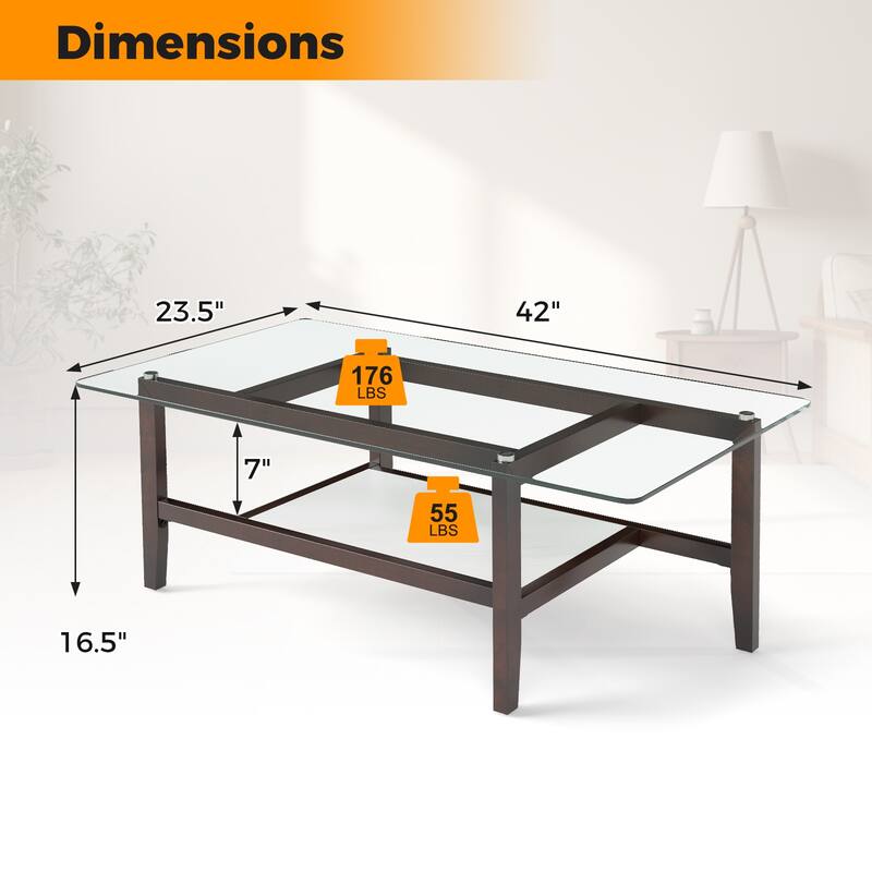 Gymax 2-Tier Glass Coffee Table w/ Storage Shelf Solid Rubber Wood