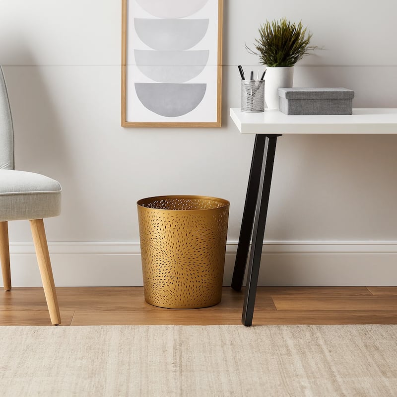 10" Decorative Iron Wastebasket Trash Can Matte Gold Leaf Etched Design