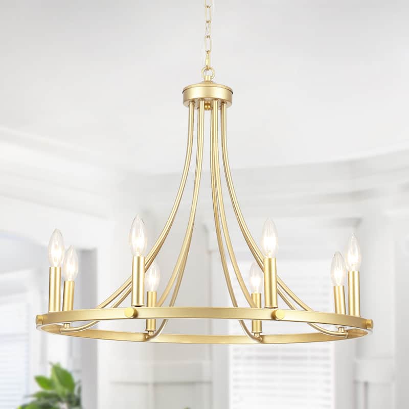 8-Light 25.59 in. Rustic Wagon Wheel Chandelier for Kitchen Living Room - Spray-painted Gold