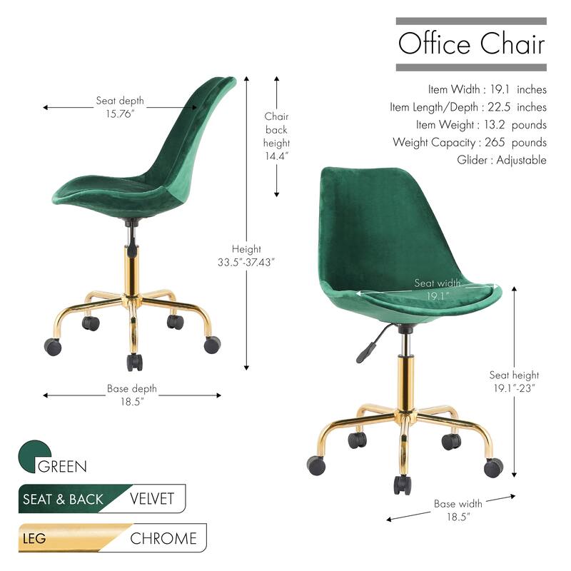 Porthos Home Ally Velvet Office Chair Gold Chrome Legs Gaslift Seat