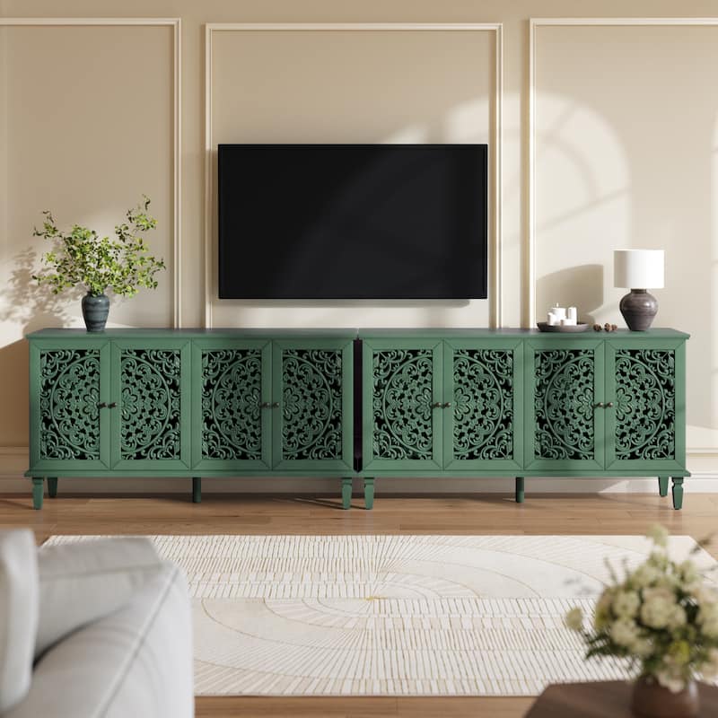 TV Stand Sideboard, Buffet Cabinet with Floral Carvings, Wood Storage Cabinet with Adjustable Shelves - Antique Green