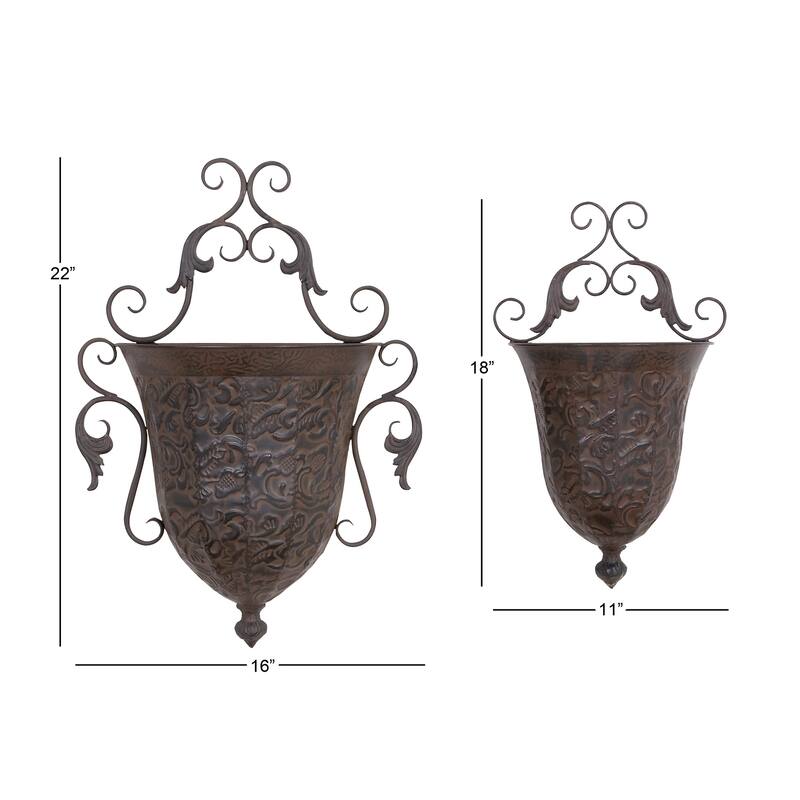 Brown Metal Indoor Outdoor Hanging Vintage Scroll Indoor Outdoor Wall Planter with Vine Accents (Set of 2)