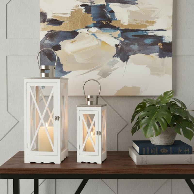 Set of Two Clear And White Glass And Solid Wood Floor Lantern Candle Holders - Clear/White