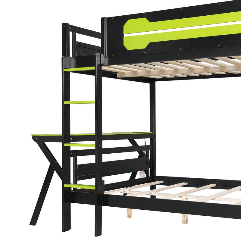 Gaming Bunk Bed Two Built-In Gaming Desks Each Side Loft Bed with USB Desktop Ports and Pegboard Organizer for Gaming Room Gamer