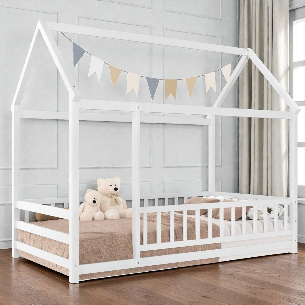 Wooden House Frame Floor Bed with Roof, Fence Guardrails, Pine Wood Kids Platform Bed for Bedroom