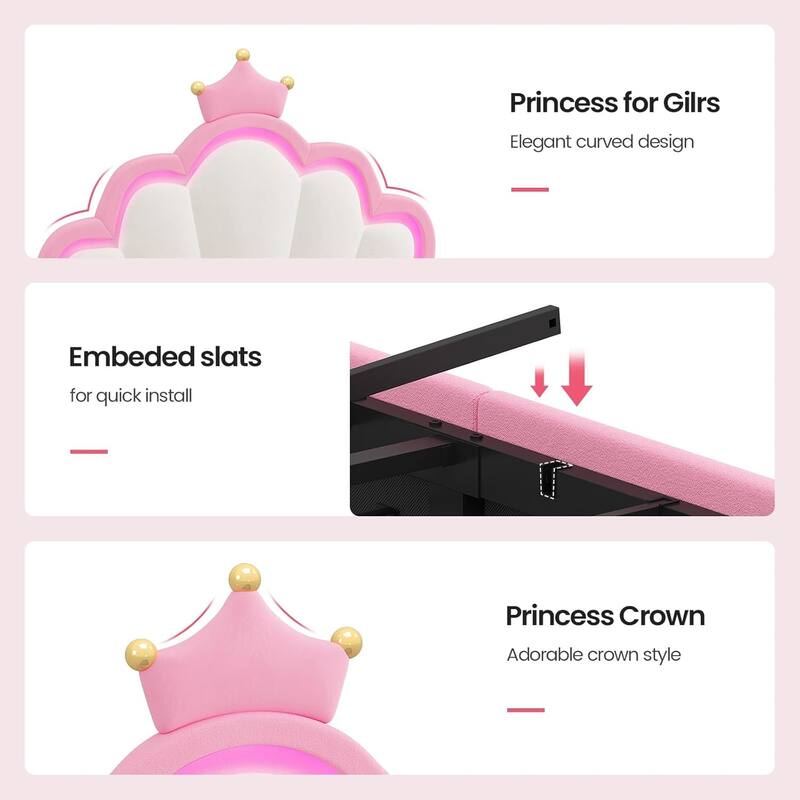 Bed Frame LED Lights Girls Bed Princess Crown Velvet Upholstered Platform Bed