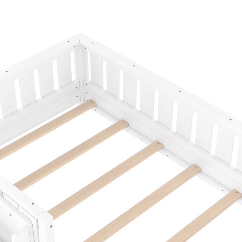 Montessori Floor Bed Low Profile Kids Bed with Rails & Bookshelf