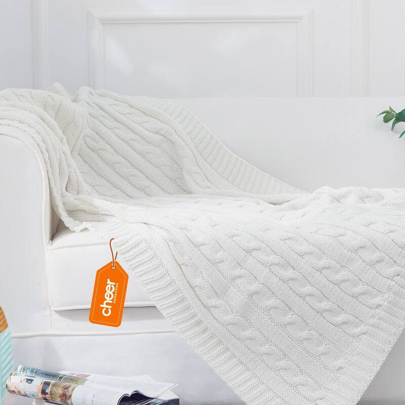 Cheer Collection Knitted Acrylic Ivory Throw Blanket