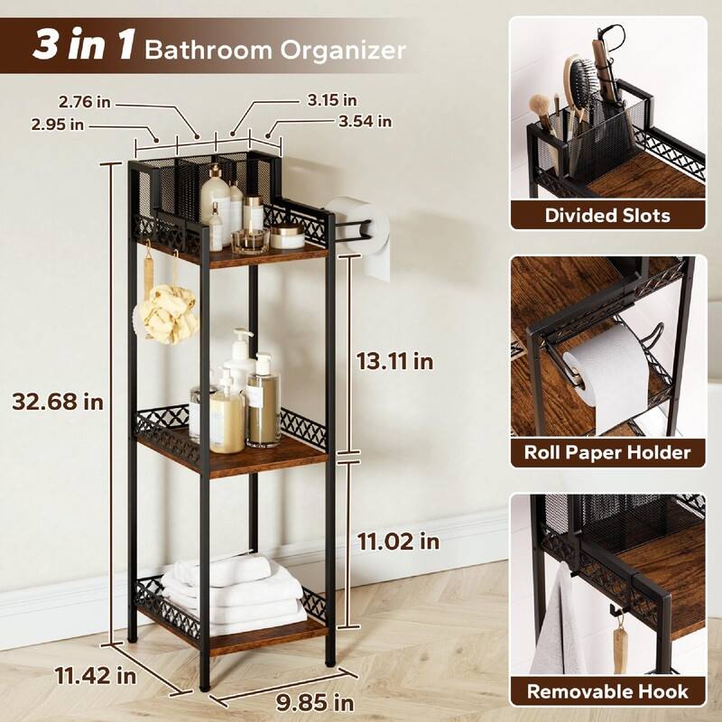 3-Tier Bathroom Shelf Organizer - 11.42"D x 9.85"W x 32.68"H