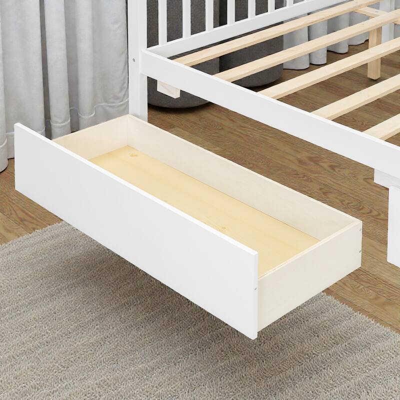Twin/Full Size Wooden House Bed with Roof and 2 Drawers, Kids Platform Bed with Storage, Solid Pine Frame