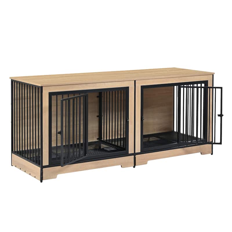 75'' Double Dog Crate Furniture, Extra Large Heavy Duty Dog Crates End Table, Wooden Dog Kennel with Removable Tray & Divider