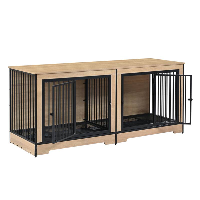 Dog Crate Furniture with Two Combined Room, XL Large Double Dog Cage Furniture with Tray for Medium Large Dogs