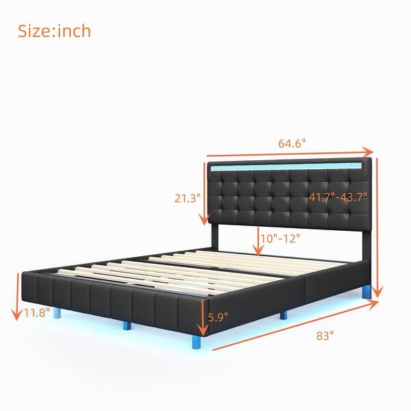 Queen Size Floating Bed Frame with Lights and USB Charging, Modern Upholstered Platform LED Bed with Slat Support
