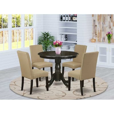 HomeStock 5-Piece Round Cappuccino Finish Solid Wood Top Dining Table with 4 Parson Chair with Lattice Back