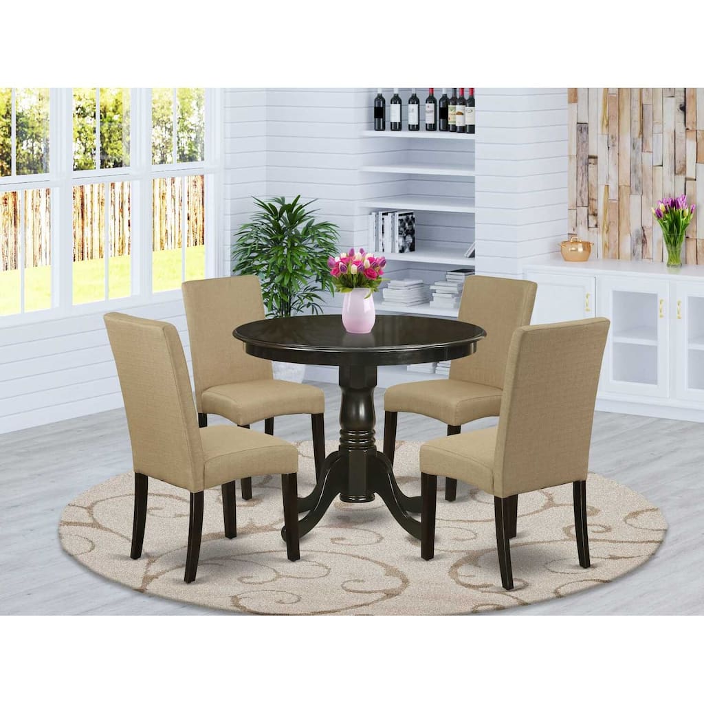 HomeStock 5-Piece Round Cappuccino Finish Solid Wood Top Dining Table with 4 Parson Chair with Lattice Back