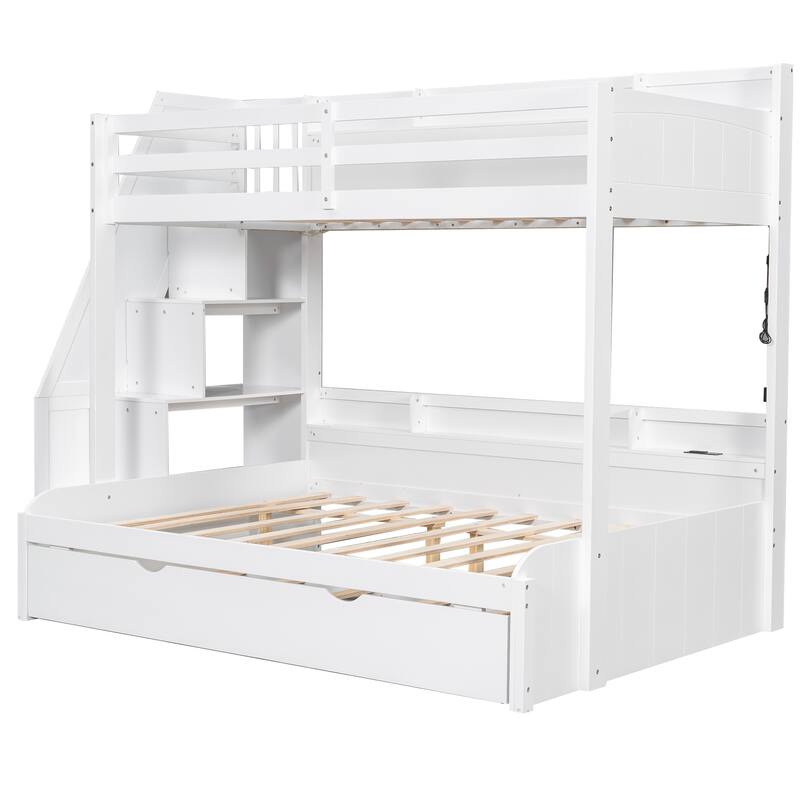 Twin Over Full Size Bunk Bed with Built-in 3-in-1 Storage Shelves and Charging Station, Pull-out Trundle, Storage Staircase